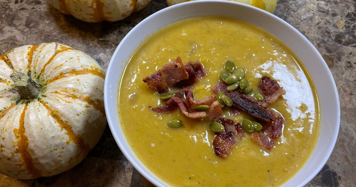 Creamy Maple Bacon Pumpkin Soup in a bowl