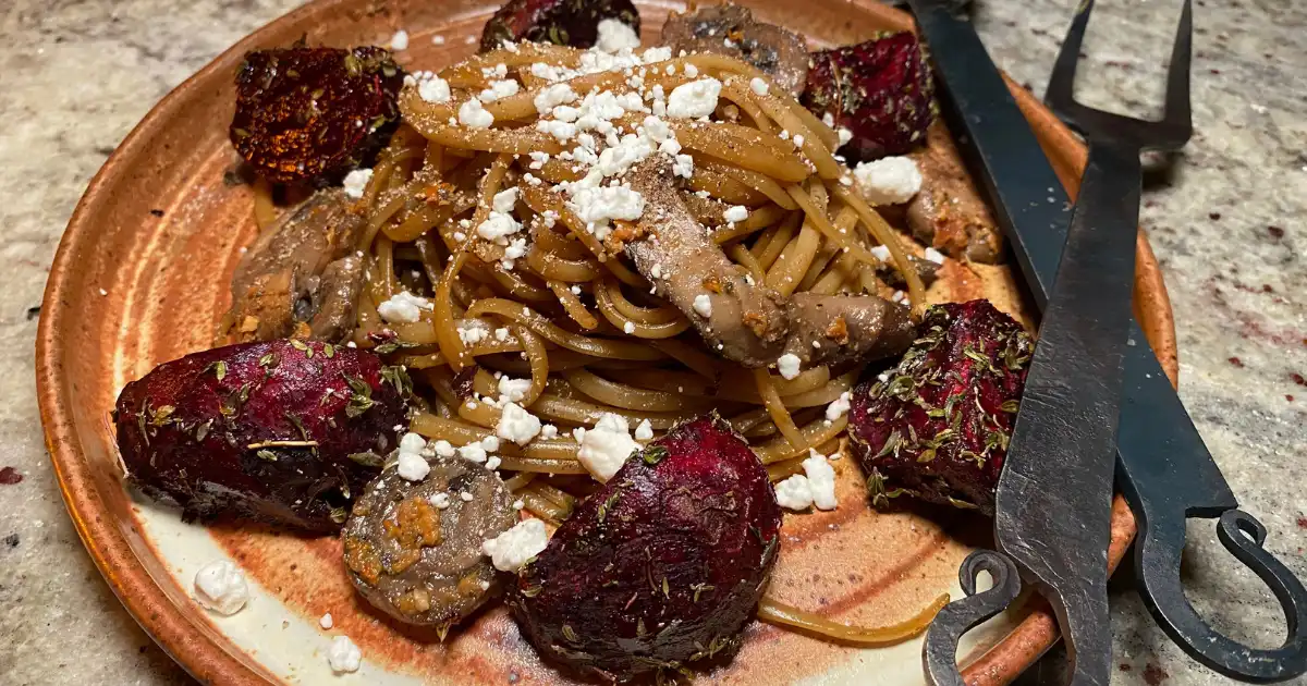 Bardic Balsamic Beets and Goat Cheese Pasta on a plate
