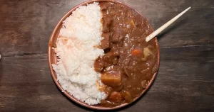 Japanese curry next to white rice on a plate with a bone spoon sticking out of the curry